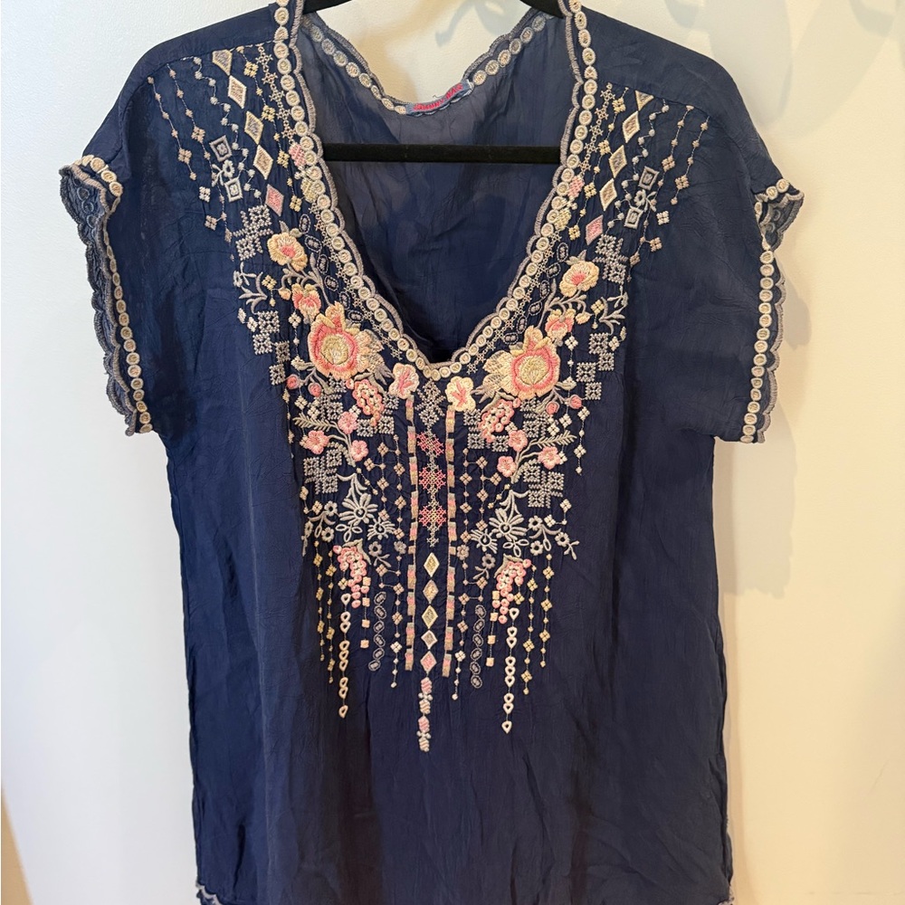Johnny Was Blue Embellished Short Sleeve Blouse